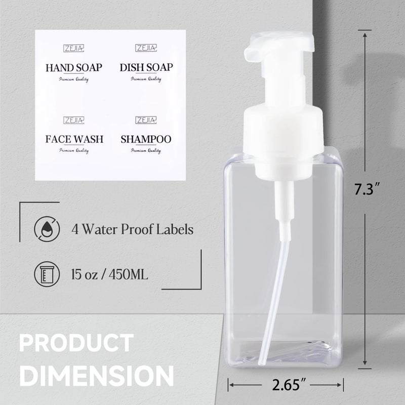 ZEJIA 15OZ Foaming Soap Dispenser, 2-Pack Plastic Hand Soap Dispenser, Refillable Leakproof Foam Pump Bottle with Waterproof Labels, for Shampoo, Body Wash - Image 2